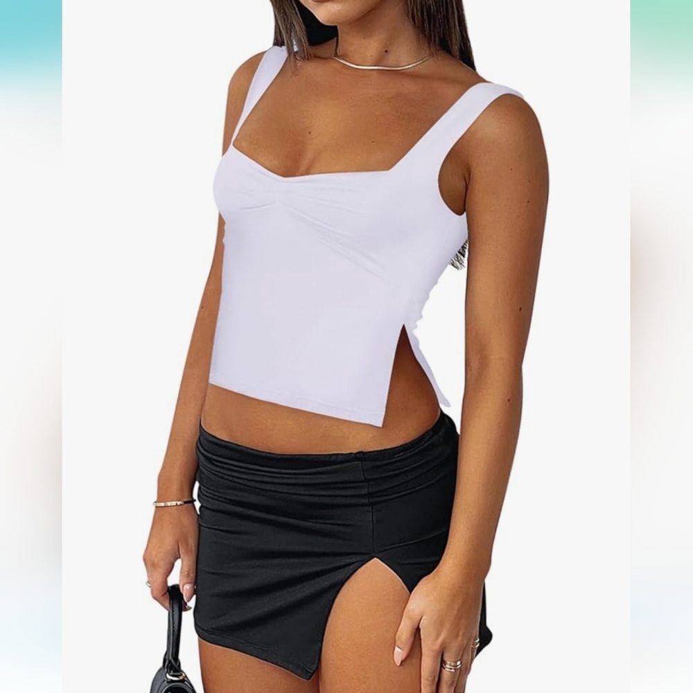 Reoria Womens Ruched Open Side Crop Tank Y2K Style White NWOT